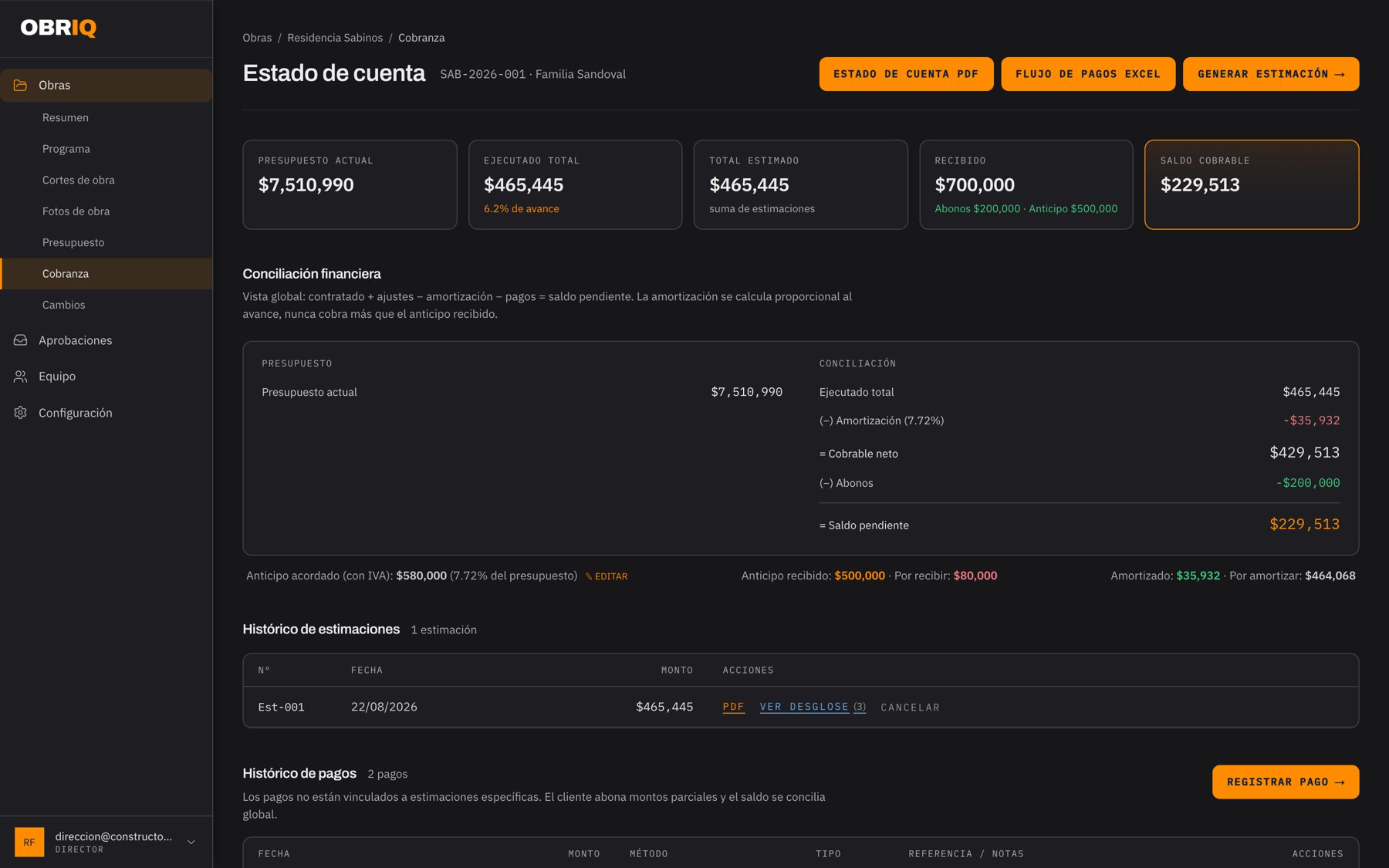 Estado de cuenta con la conciliación financiera: ejecutado, amortización, abonos y saldo.