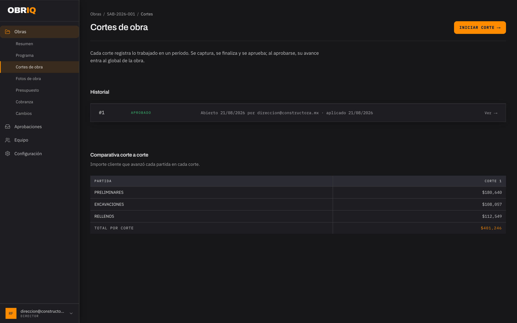 Pantalla de cortes de obra con el corte #1 aprobado y la comparativa por partida.