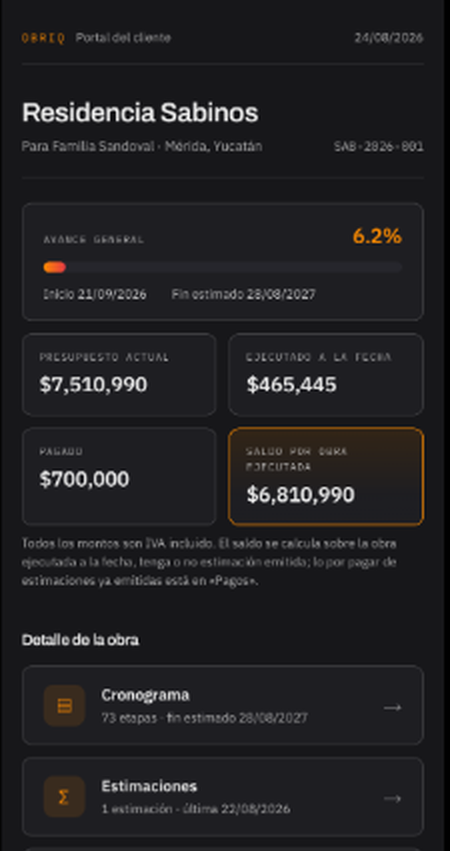 Portal del cliente OBRIQ — Residencia Sabinos