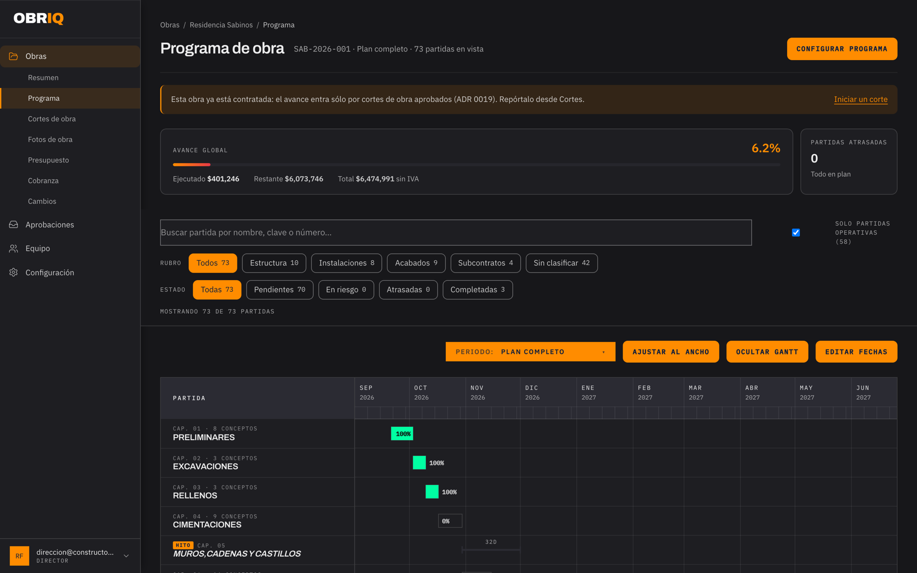 Programa de obra con 73 partidas, filtros por rubro y diagrama de Gantt.
